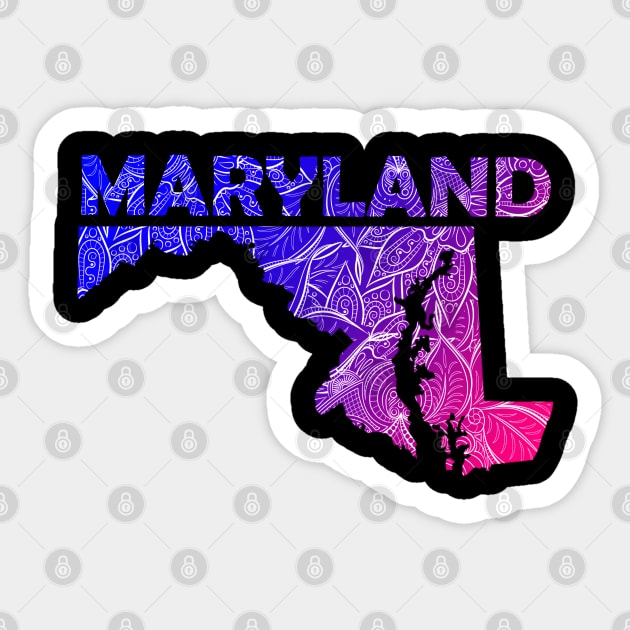 Colorful mandala art map of Maryland with text in blue and violet Sticker by Happy Citizen